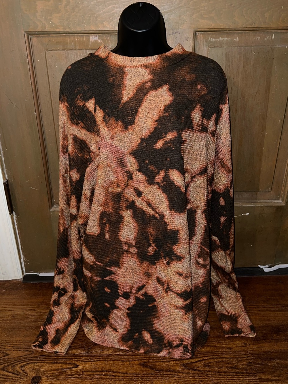 Matty M Brown Acid Wash Ribbed Knit Crew Neck Rayon Sweater Grunge Boho Size XXL